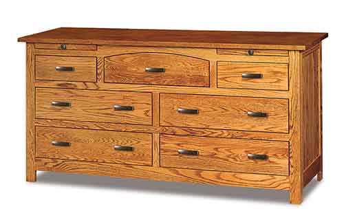 Amish Flush Mission 7 Drawer 66" Dresser w/Arch drawer - Click Image to Close