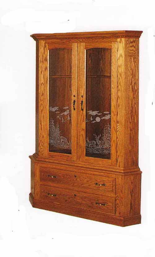 Amish Two Door Corner Gun Cabinet with Etchings - Click Image to Close